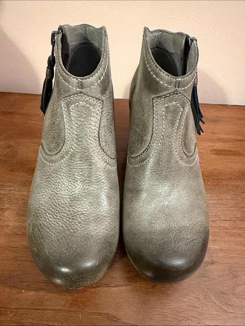 Dansko Olive Gray Leather Ankle Booties with Side Tassel Zipper